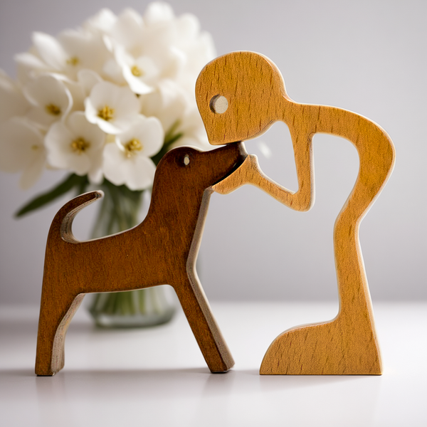 standing boy cuddling dog