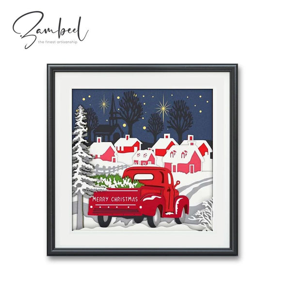 3D Christmas Red truck in snow window - Zambeel Art Studio