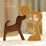 standing boy cuddling dog